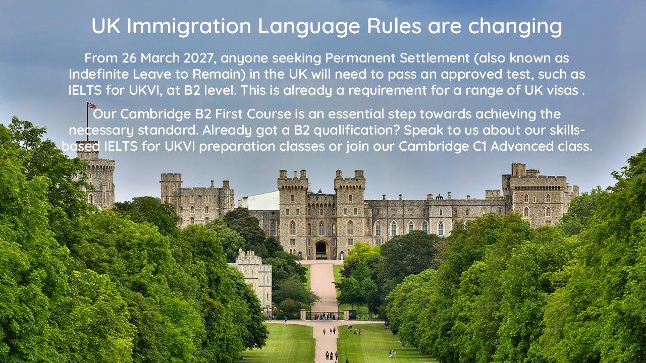 View of Windsor Castle with text about new immigration rules and their language requirements
